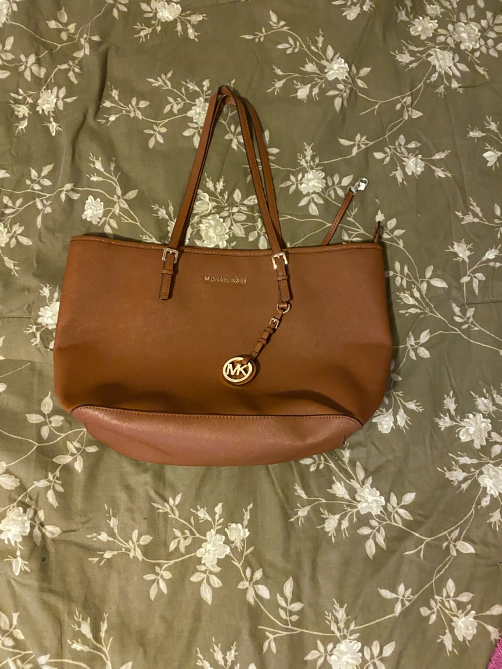 Michael Kors Cognac Leather Tote with Gold MK Charm